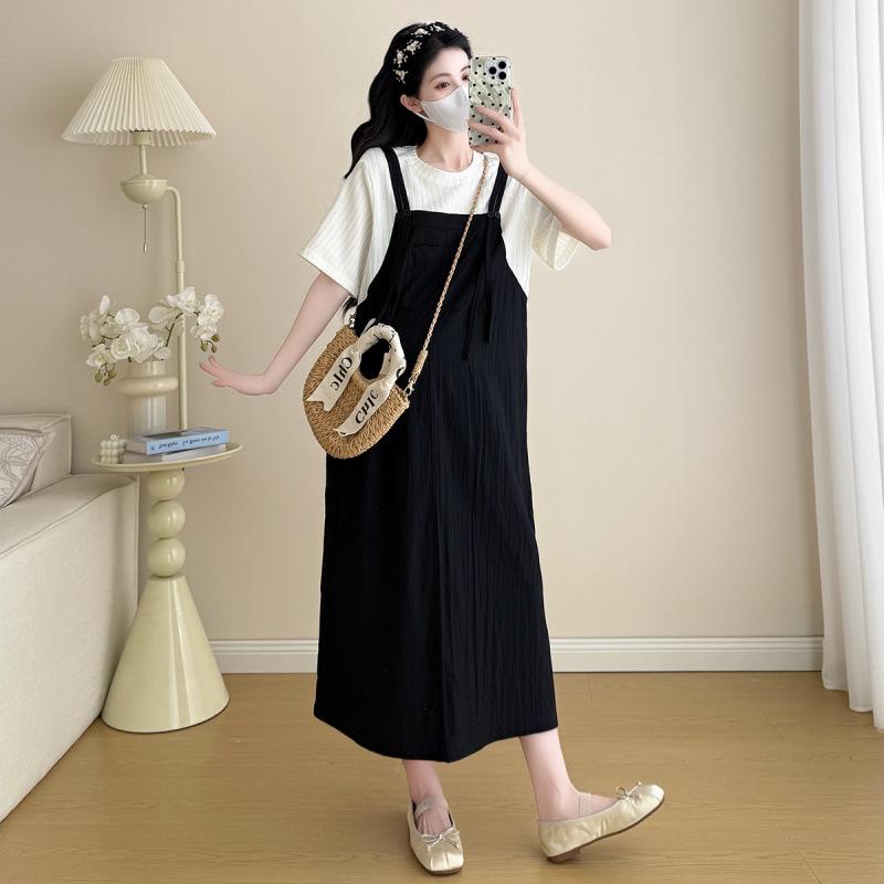 

Loose Fit Maternity Patchwork T-Shirt Dress with Short Sleeves and Suspender Design 2XL