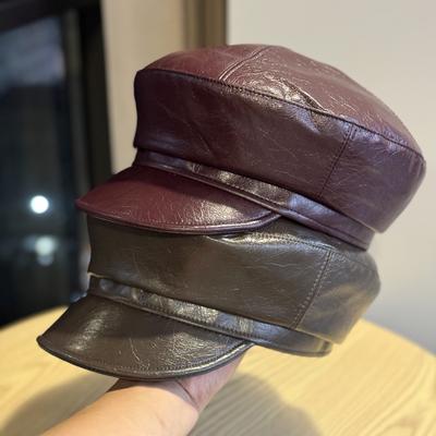 Casquette de canard en cuir pour femmes Casquette de gavroche polyvalente Couleur unie Simple Chapeau octogonal Béret Chapeau de peintre Style japonais