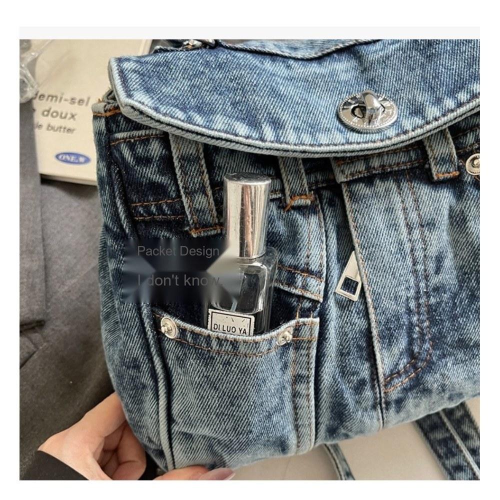 Women Vintage Multi Pocket Denim Backpack with Adjustable Strap for Daily Commute