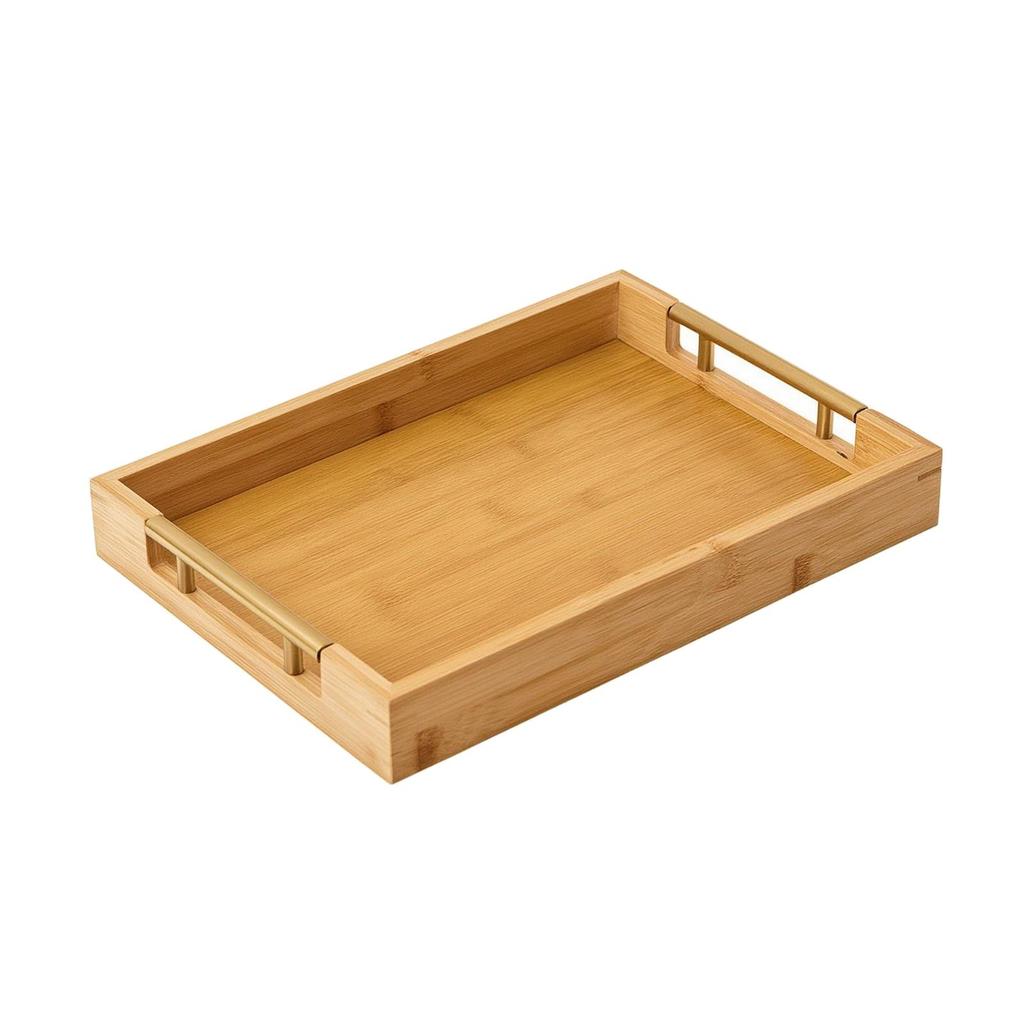 Rectangular Bamboo Serving Tray with Raised Edge Versatile Metal Handles