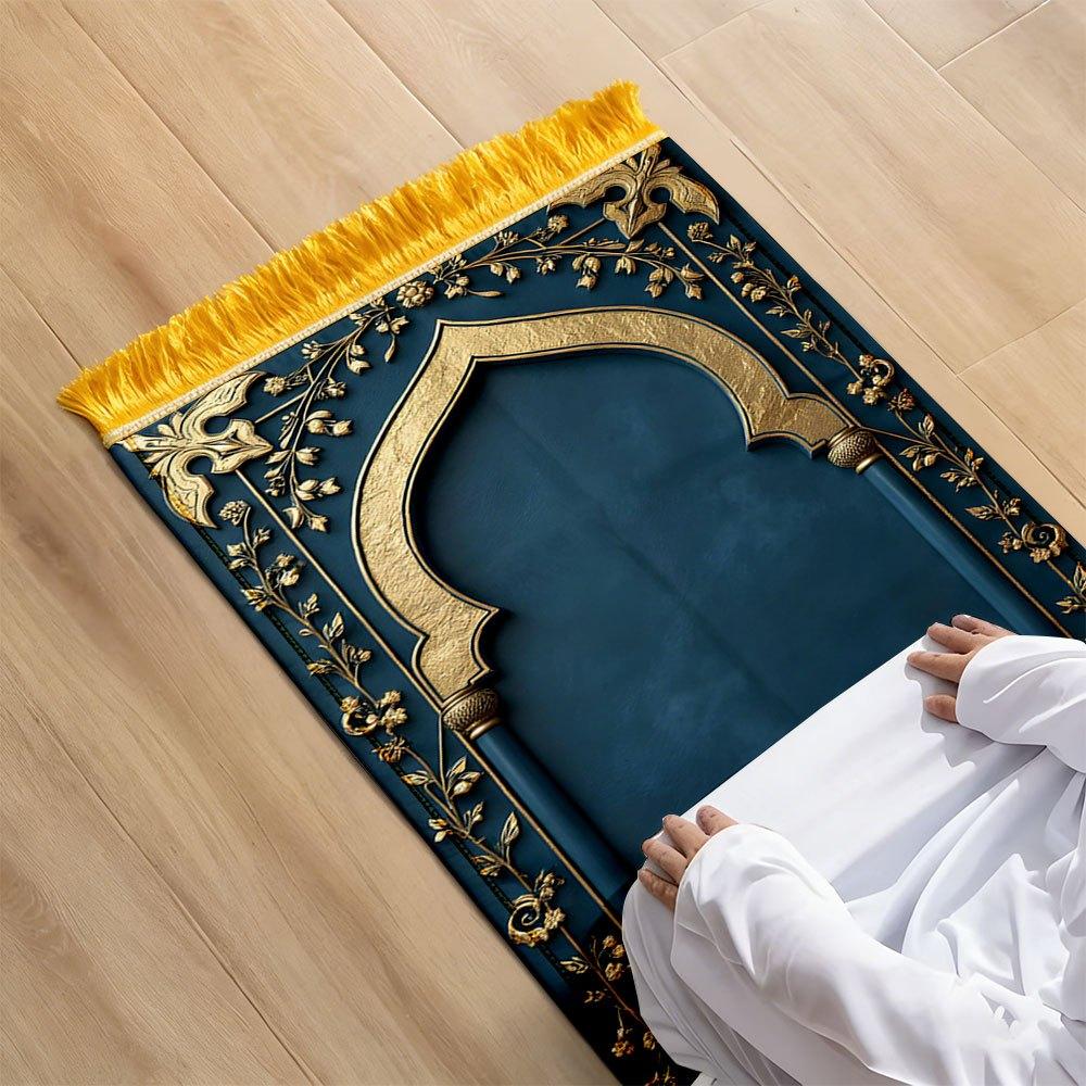 Muslimischer Gebetsteppich mit Bogen-Design, Blau Gold Luxus Reise Gebetsmatte Eid Geschenk, Faltbarer Islamischer Janamaz für die Anbetung