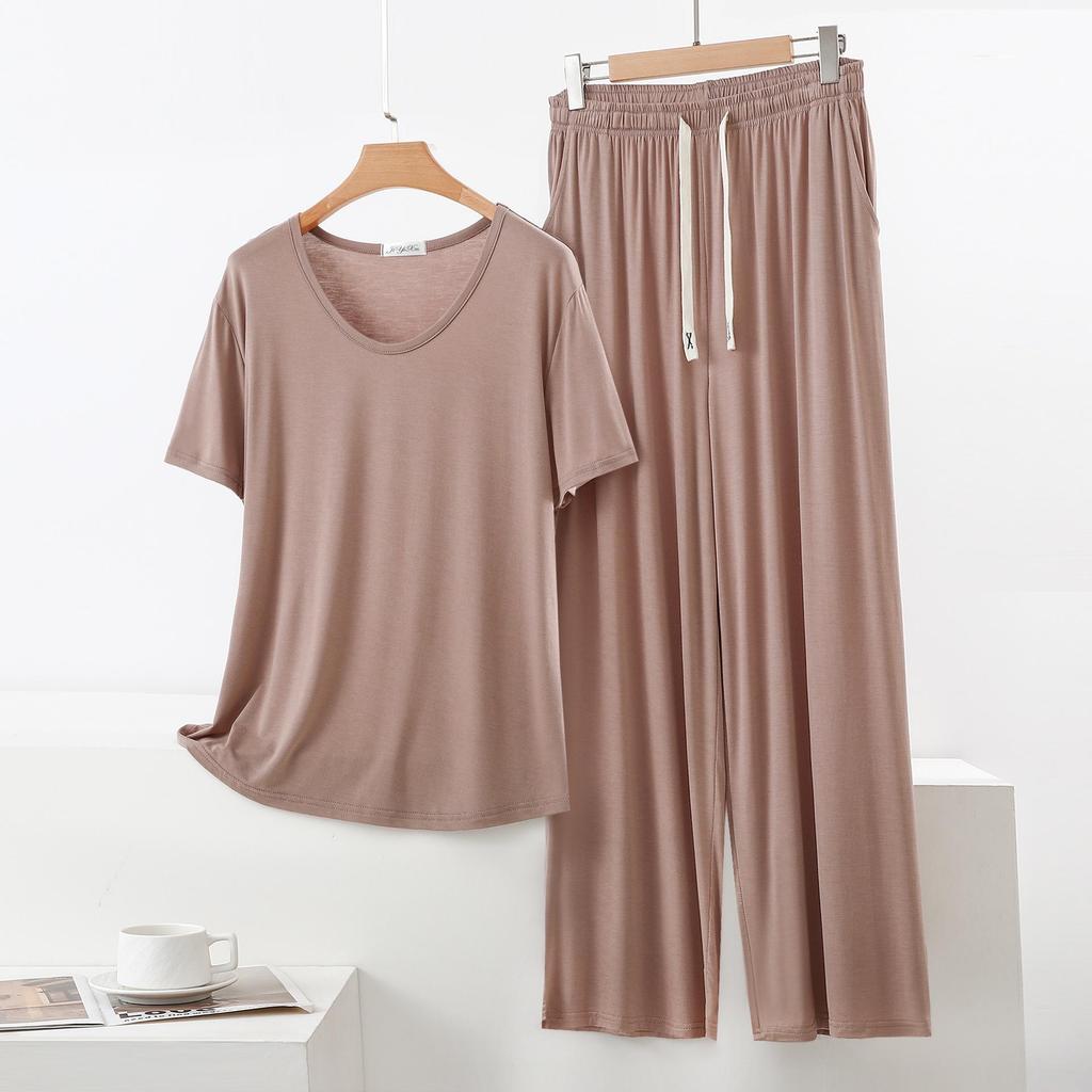 Set Pigiama Estivo da Donna in Modal - Manica Corta, Pantaloni Lunghi a Gamba Larga, Taglie Forti, Abbigliamento Casual e da Esterno
