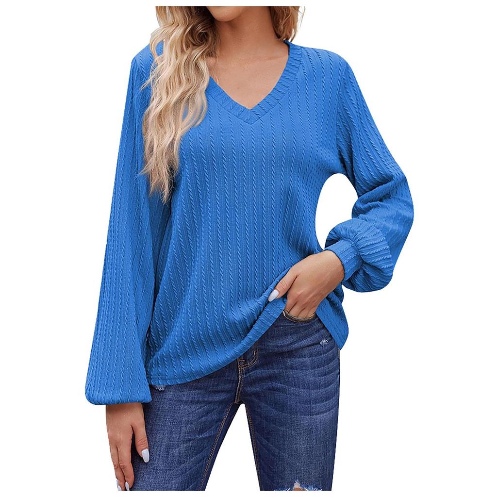 Women's Casual Loose Fitting Solid V-neck Long Sleeved V-neck T-shirt Women's Top