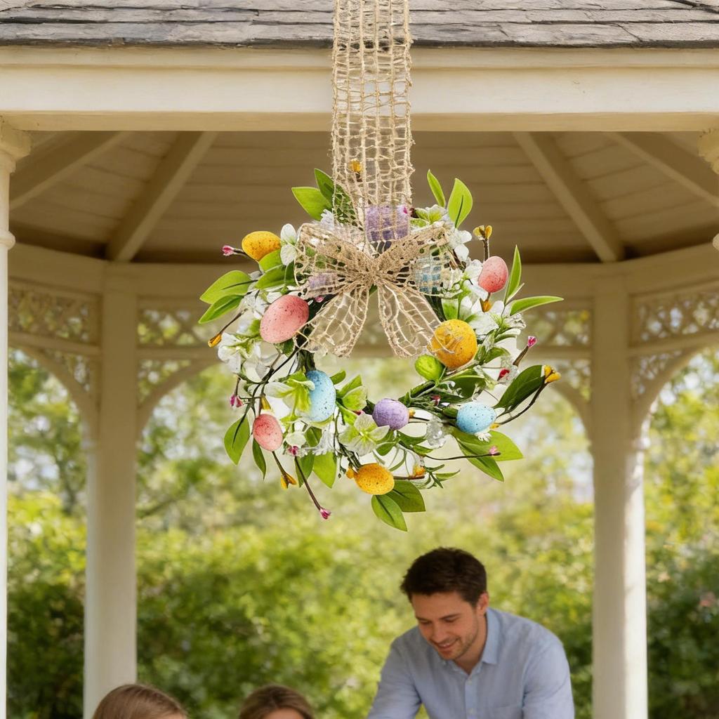 Easter Egg Wreath Artificial Spring Flower Wreath With Bow GrassLeaf Decoration Front Door Floral Garland Window Wall Ornament