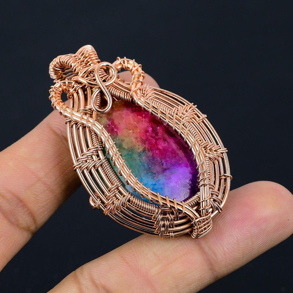 Rainbow Solar Quartz 999 Copper Wire Wrapped Pendant, Handmade Gemstone Pendant Jewelry, Gifts For Wife Brand New Pendant