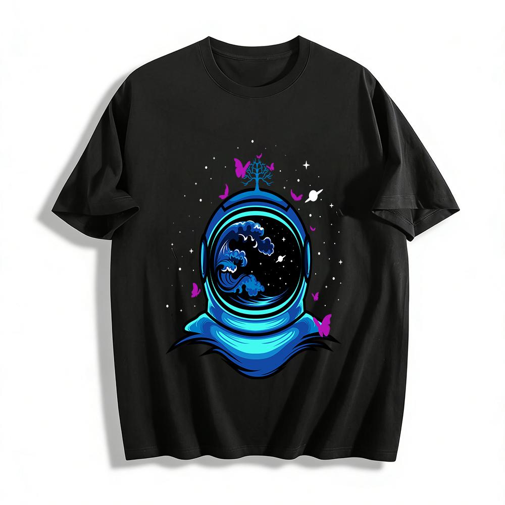 Astronaut Helmet Wave Tree Print Trendy Casual T-Shirt Pure cotton T-shirt XXS
