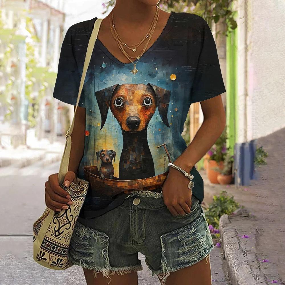 Summer Tops Women's Tee T Shirt Dog Cat 3d Print Tshirt Women Fashion Casual V-Neck Short Sleeve T-shirt Female Clothes