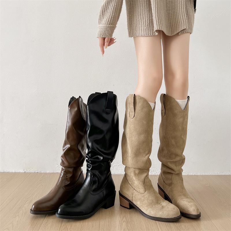 Khaki retro knee thick heel boots children boots 2025 new autumn thin Maillard knight boots