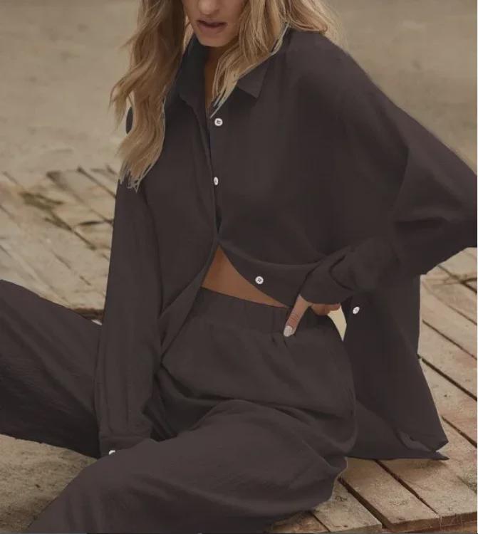 Dames Herfst 2022 Effen Kleur Casual Pak: Shirt met lange mouwen & Broek met elastische taille