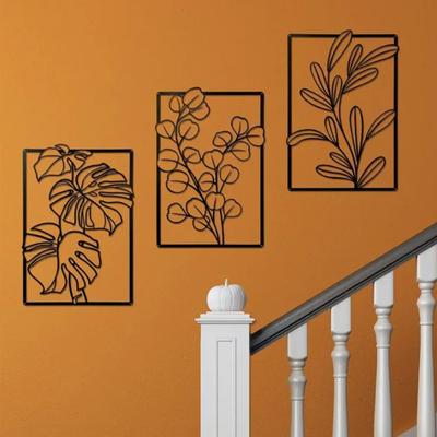 3 Piezas Preciosa Decoración de Pared de Metal Dorado y Negro: Arte Boho Moderno Minimalista Grande. Flor y Hoja Abstractas para Dormitorio y Sala de Estar.