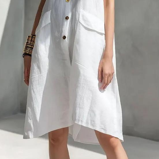 Damen Sommer Hemdblusenkleid Knopfleiste Ärmellos Revers Midi Tankkleid Lässige Tunika Strand Sommerkleid mit Taschen