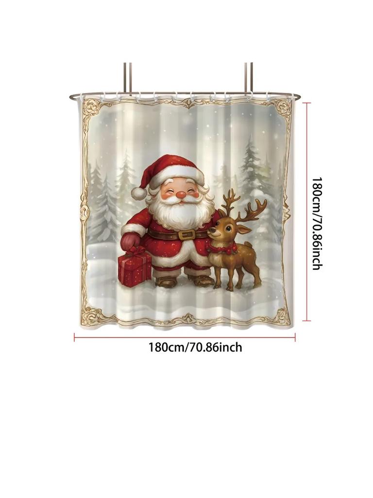 1pc Santa Claus Reindeer Print Waterproof Shower Curtain Bathe Partition with 12 Hooks for Privacy Protection Easy Installatio