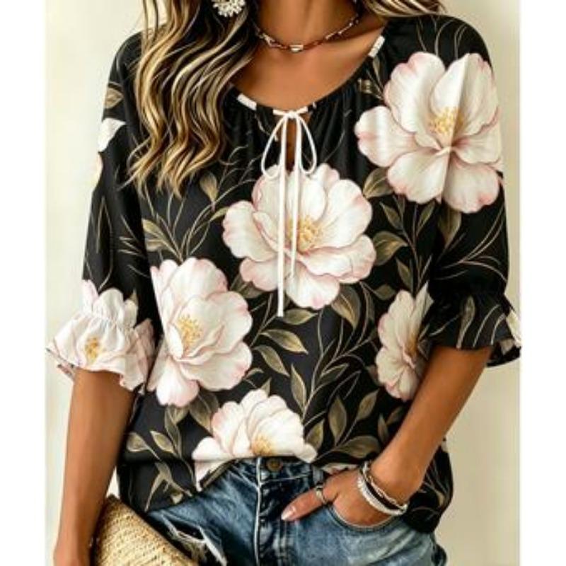 Women's Sweet Bow Print Tie Neck Blouse Ruffle 3/4 Sleeve Loose Fit Cute Daily Dating Holiday Shirt