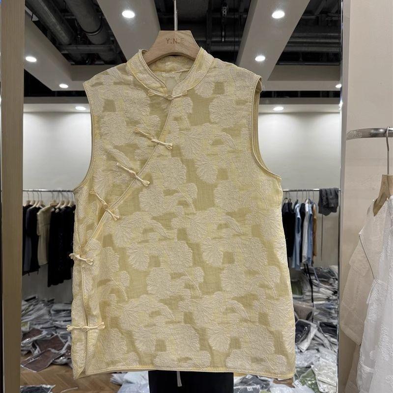 Jacquard Premium Plate Button Dark Pattern Sleeveless Shirt 2025 Summer Premium Women's Top