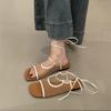 Niche Square Head Lace-up Breathable Mesh Open-toed Sandals Summer New Straps Flat Bottom Sandals Women