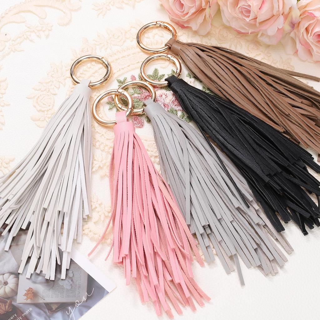 uxcell 8.3" Leather Tassel Keychain with Round Ring, Wallet Decoration, Car Key Ring, Purse Accessory, Bag Decoration, Handbag Buckle, Gray