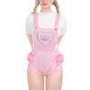 [LittleForBig] Adult Overalls-in-One [Heart Print] Striped Suspenders, Ruffle Polka Dot Shortalls, Pink, Size M