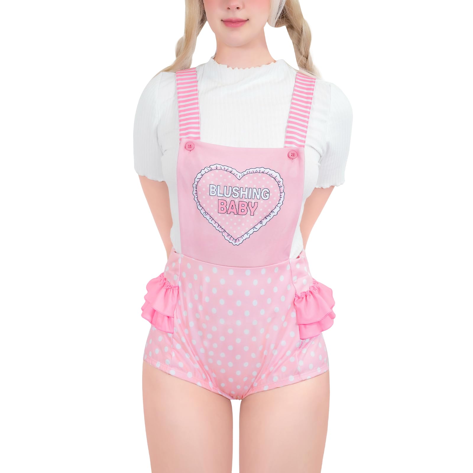 

[LittleForBig] Adult Overalls-in-One [Heart Print] Striped Suspenders, Ruffle Polka Dot Shortalls, Pink, Size M