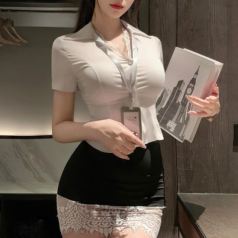 Women Secretary Cosplay Sexy Uniform Temptation Costumes Ultra-thin Shirt Lace Wrap Hip Miniskirt Set Roleplay Teacher Lingerie