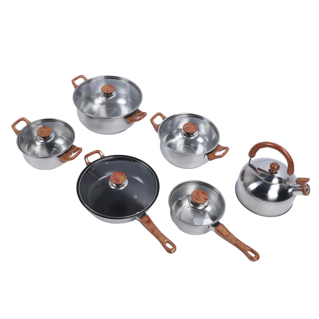 Stainless Steel Cookware Set Multifunctional Wooden Grain Kitchen Cookware Pots Pans Set with Kettle