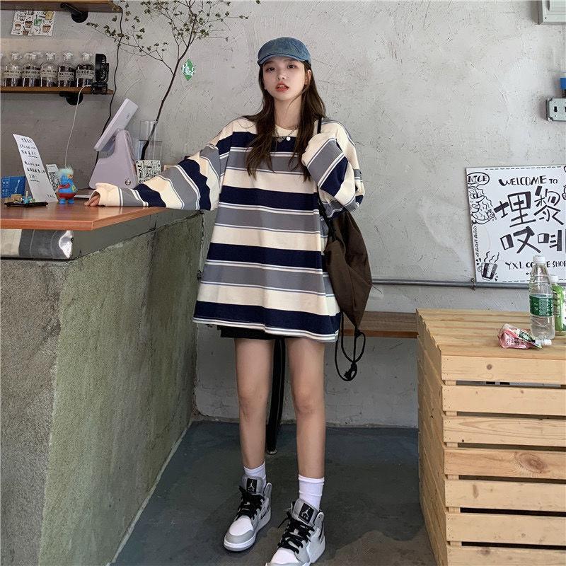 Autumn Winter Japanese Korean Loose Stripe Long Sleeve Tee Student Versatile Thin Top