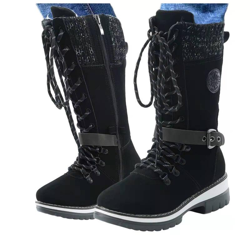 Winter new medium women's boots round head square heel leather buckle wool Martin boots large size snow boots