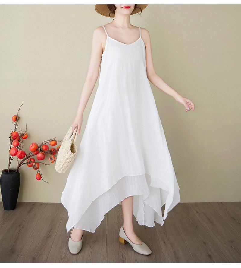 2025 Summer Cotton Linen Dual-Layer Midi Dress - Irregular Hem Literary Style