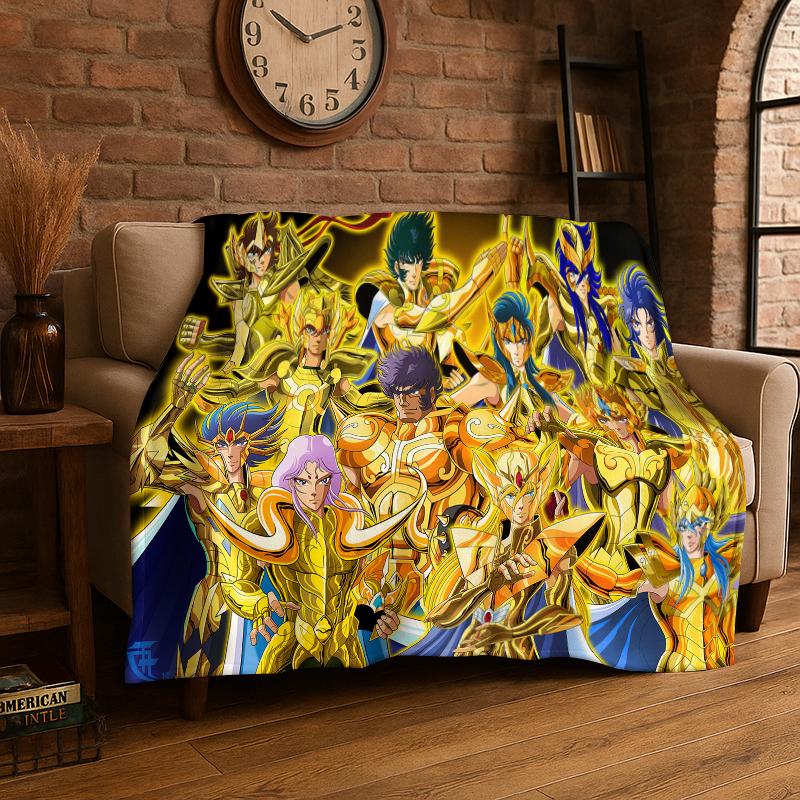 Retro Saint Seiya Anime Cartoon Flannel Blanket Soft Warm Throw Blanket for Bedroom Living Room Bed Travel Camping Picnic Gift