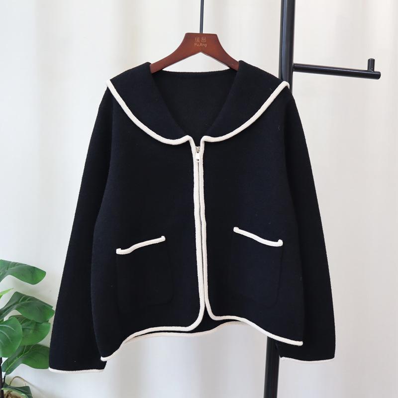 

Контрастный темно-синий воротник на молнии вязаный двусторонний кардиган осень-зима новый свободный универсальный свитер куртка женская one size fits all чёрный