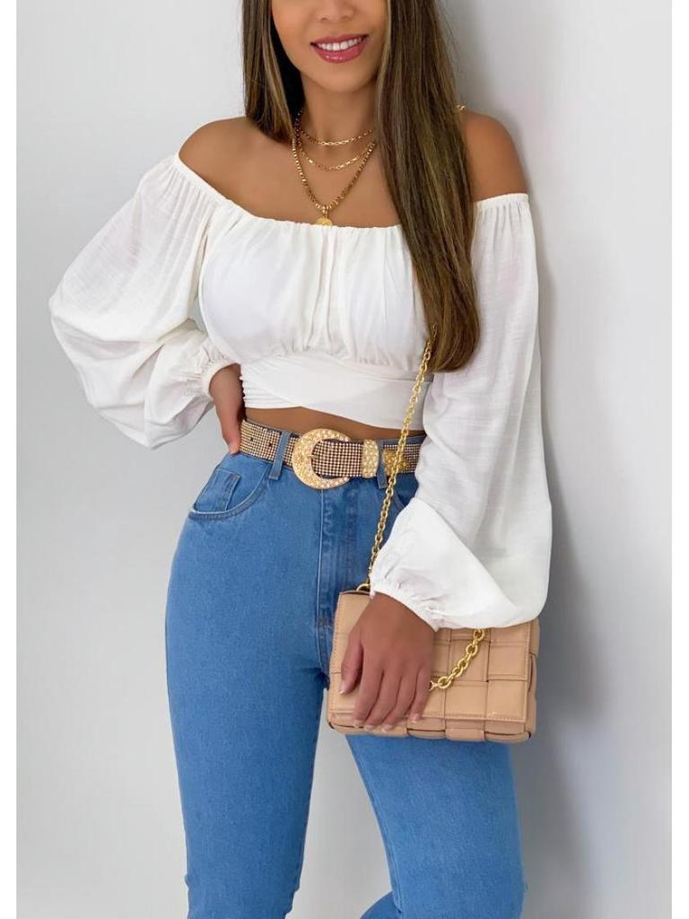European & American Women's Off-the-Shoulder Lantern Sleeve Crop Top with Lace-Up Design