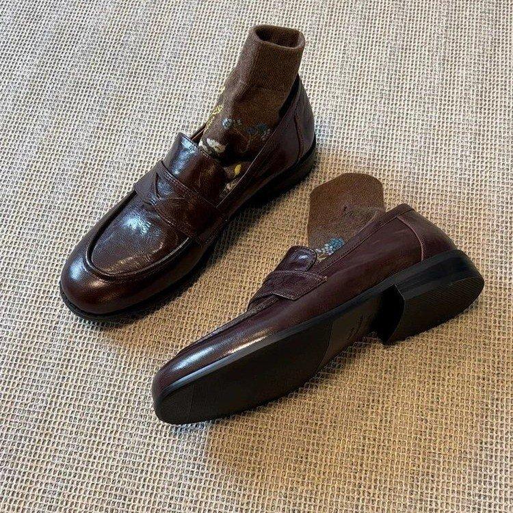 Sheepskin version~ retro leather one-pedal lazy shoes women's thick heel flat-soled single shoes British style small leather shoes loafers