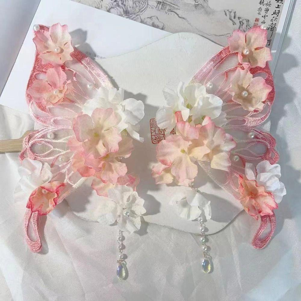 Mesh Large Butterfly Hairpin Imitation Pearl Flower Hair Clip Tassel Duckbill Clip  Wedding