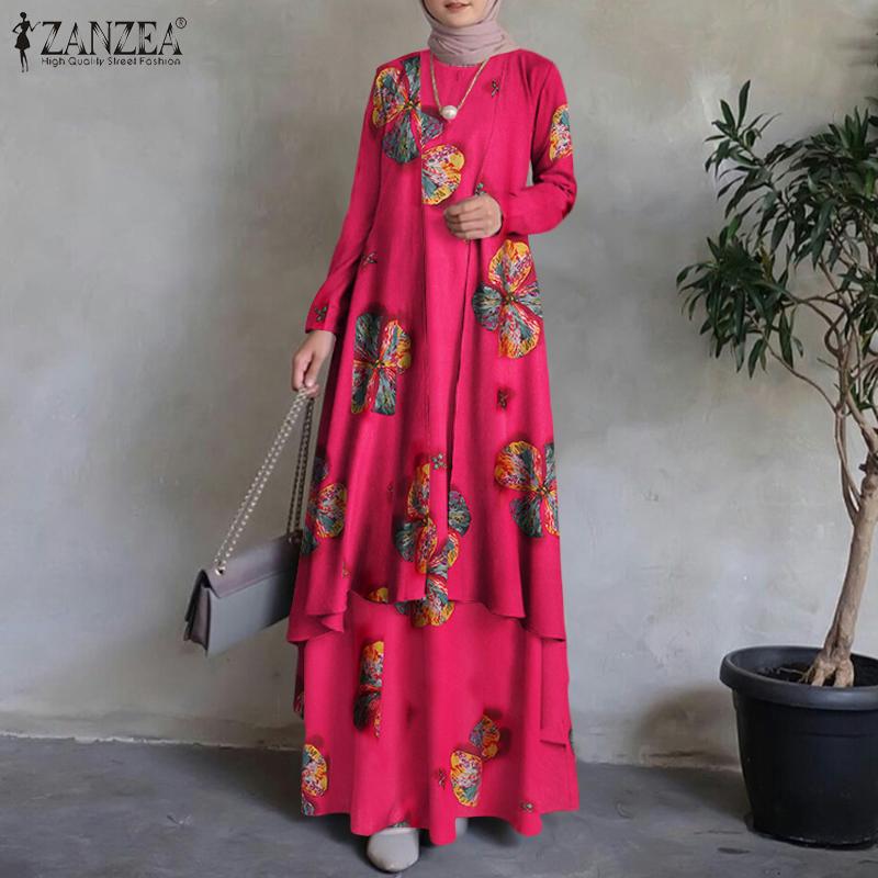 

ZANZEA Женщины O-образный вырез Длинное рукав платье Весна Лето Повседневный цветочный принт Хлопок Длинное платье
