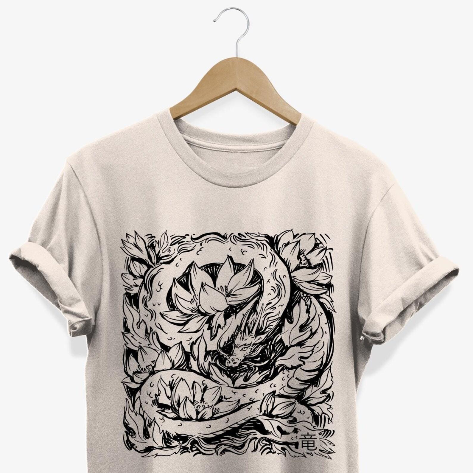 Dragon Lotus Flower T-shirt: Japanese Art Graphic Tee XL