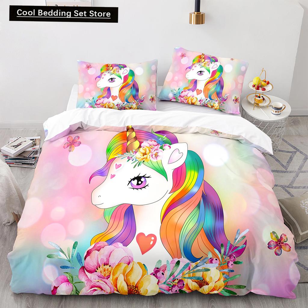 Einhorn-Bettwäsche-Set (King- und Queensize) mit Märchenmotiven und magischen Tieren für Kinder (Jungen und Mädchen) – Sternenuniversum – Polyester-Bettbezug