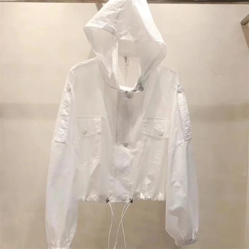 

Summer Korean Style Windbreak Women s Spring Jackets Slim Sunscreen Clothing White Hooded Coat Zipper Jacket Thin S білий