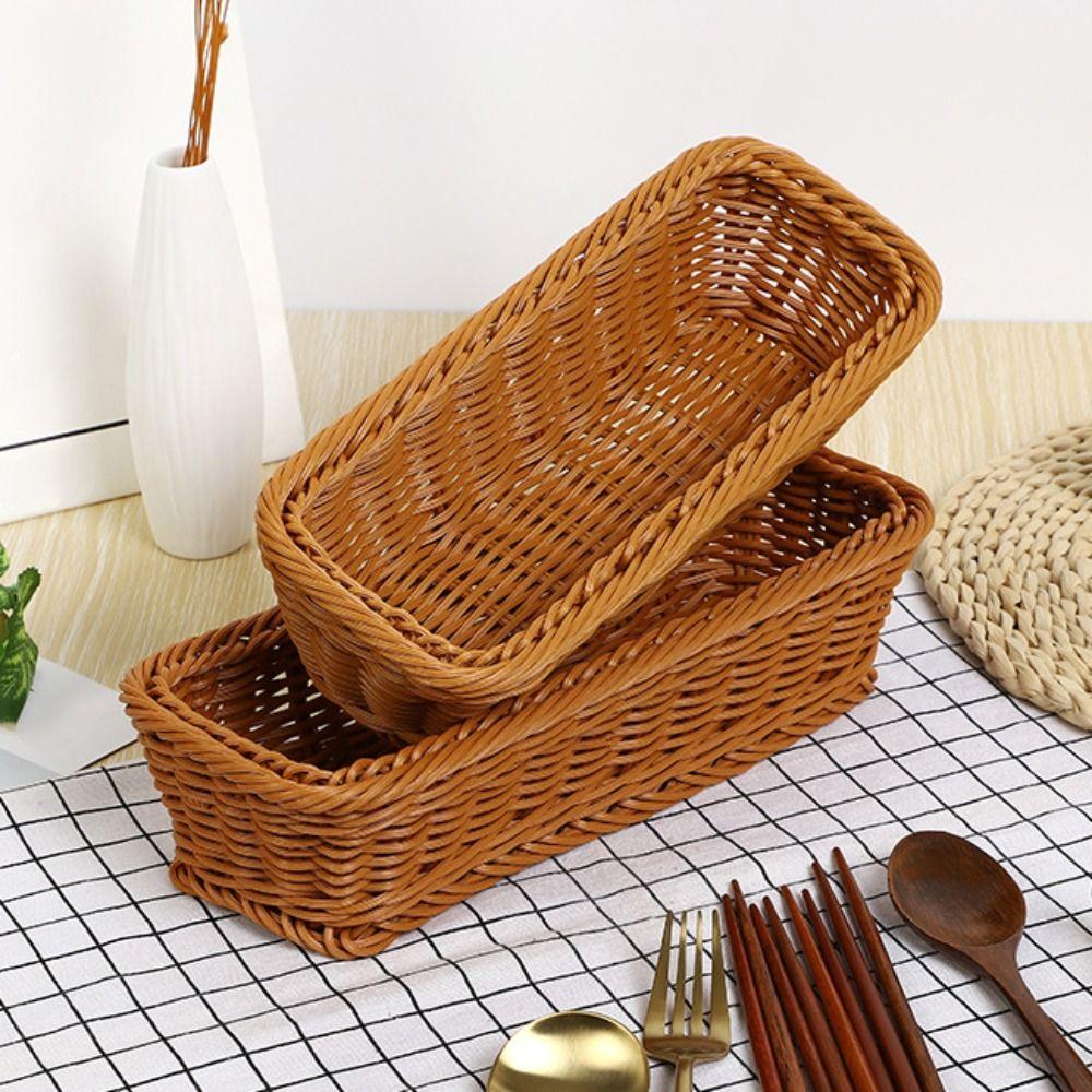 Rectangular Imitation Rattan Storage Basket Simple Portable Faux Wicker Tray Household Save Space Tabletop Fruit Organizer