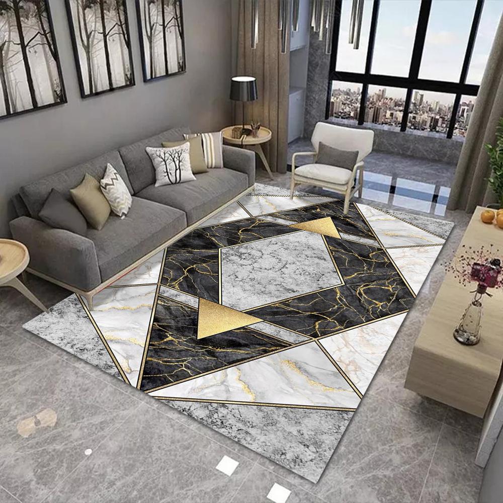 Modern Luxury Geometric Carpet With Gold Line Geometric Patchwork Marble Texture Non Slip Rug For Living Room Decor