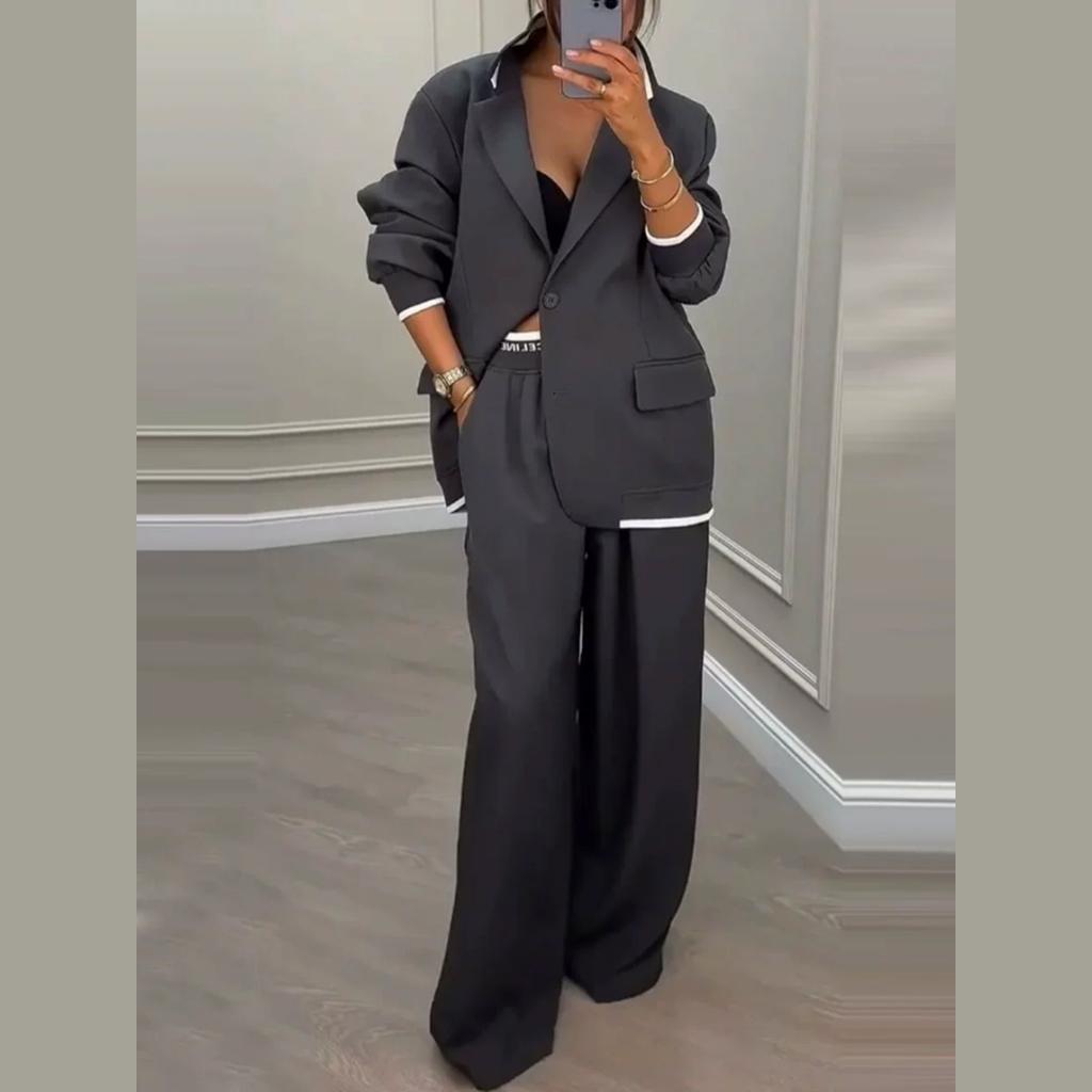Temperament Blazer Suit Women's Pants Loose Solid Color Autumn Winter Commuting Long-sleeved Lapel Top Wide-leg Trousers Two-piece Set