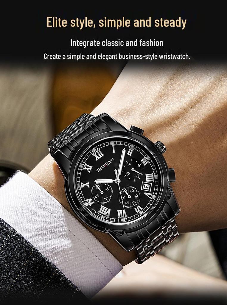 Sanda Men's Waterproof Luminous Quartz Watch - Fashionable Three-Eye Six-Hand Design with Steel Band.