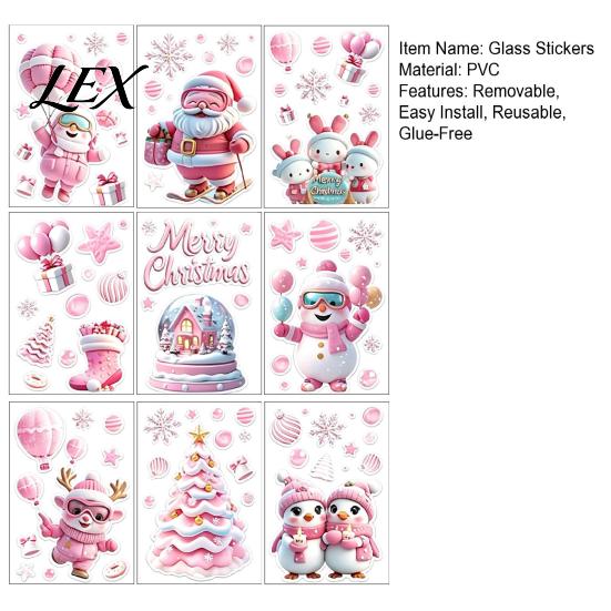 Snowman Window Clings 9Pcs Pink Christmas Static Clings, Santa Bunny Penguin Glass Creative Holiday Collage Decals, Reusable Xmas Stickers, Decor for