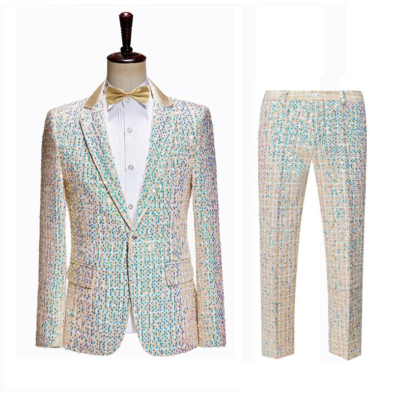 

Men s Champagne Sequin Slim Fit Formal Suit for Stage or Fashion Show Performance 2XL