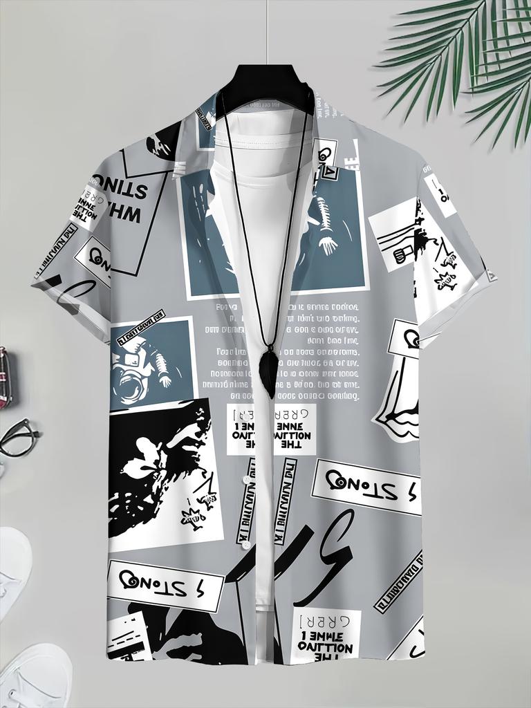 [Printed Design – Not Textured] Men's Casual Cyberpunk Newspaper Print Shirt – A Perfect Gift