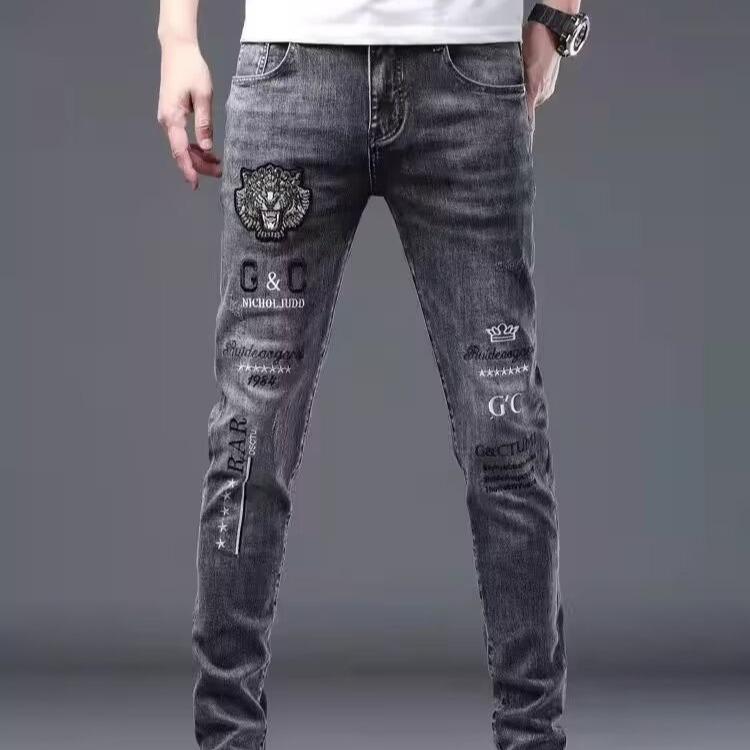 2025 Spring/Summer Men's Slim Fit Patchwork Ripped Jeans, Straight Leg, Blue with Applique and Raw Edge