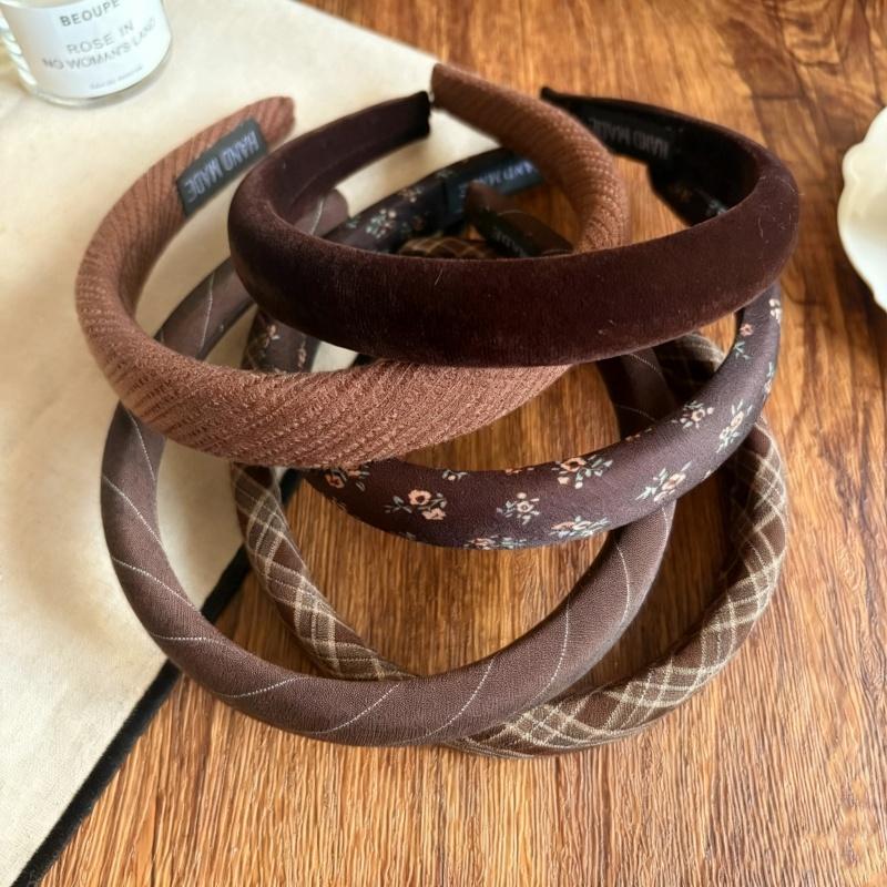 Vintage Brown Padded Headbands For Women Plaid Floral Print Hairbands Knitted Velvet Hair Hoops Plain Head Bands Accessories 1pc