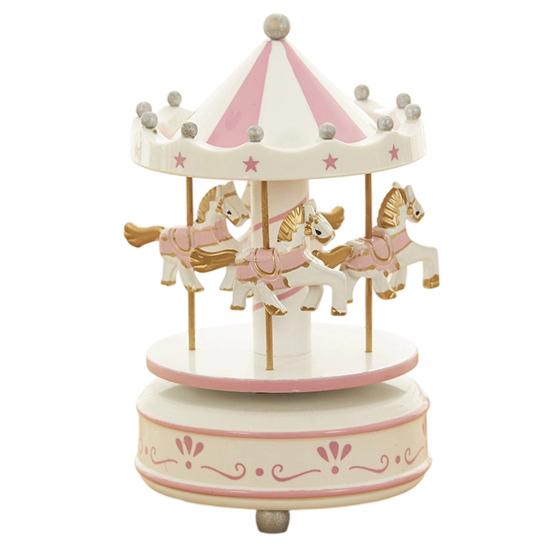 Miniature Horse Carousel Wooden Music Box with Rotating Merry-Go-Round Horses, Wind-Up Musical Figurine Nursery Decor for Baby Room Home Decor,