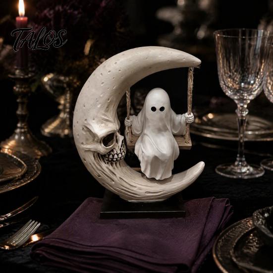 Gothic Room Accessories Halloween Ghost Swing Figurine, Spooky on A Moon Statue, Window Display Decor Resin Home Decoration for Desktop, Mantel,