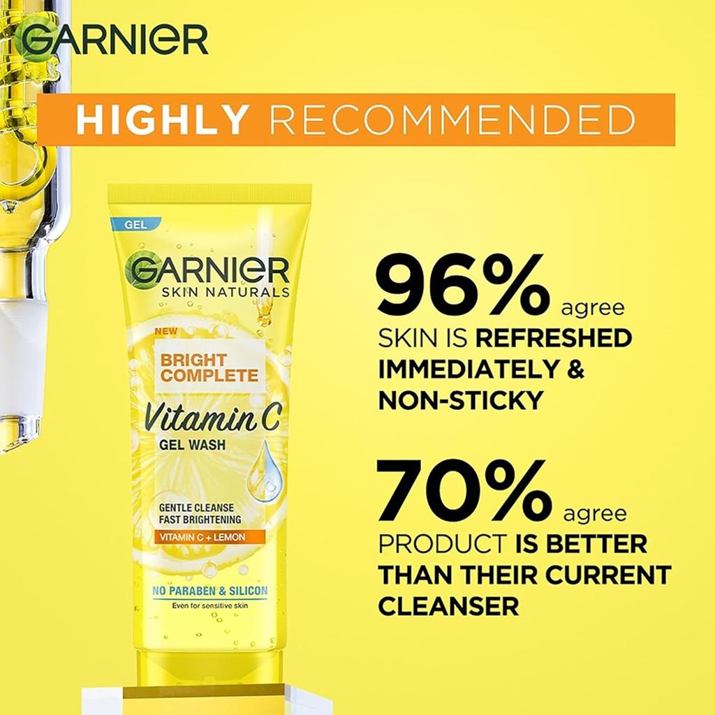 Garnier Skin Naturals Bright Complete Vitamin C Face Wash Gel | Gentle Cleanser - Brighter and Glowing Skin | Reduces Dullness | Daily Cleanser | 100g