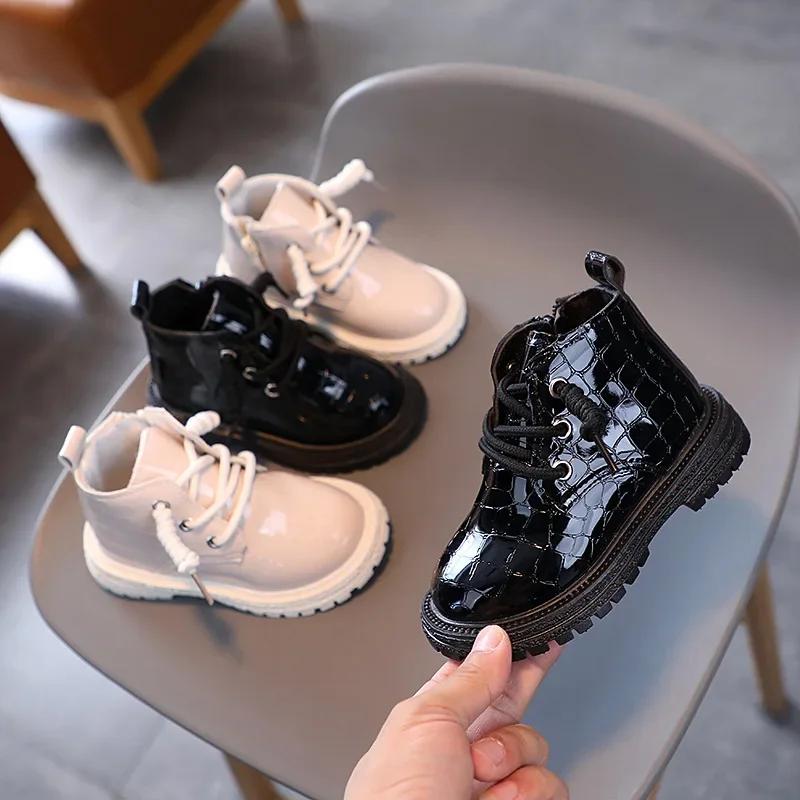 Children Lace-up Booties Girls Crocodile Solid Color Round Toe Boots Women Non-slip Soft Sole and Platform Comfortable Kid Shoes