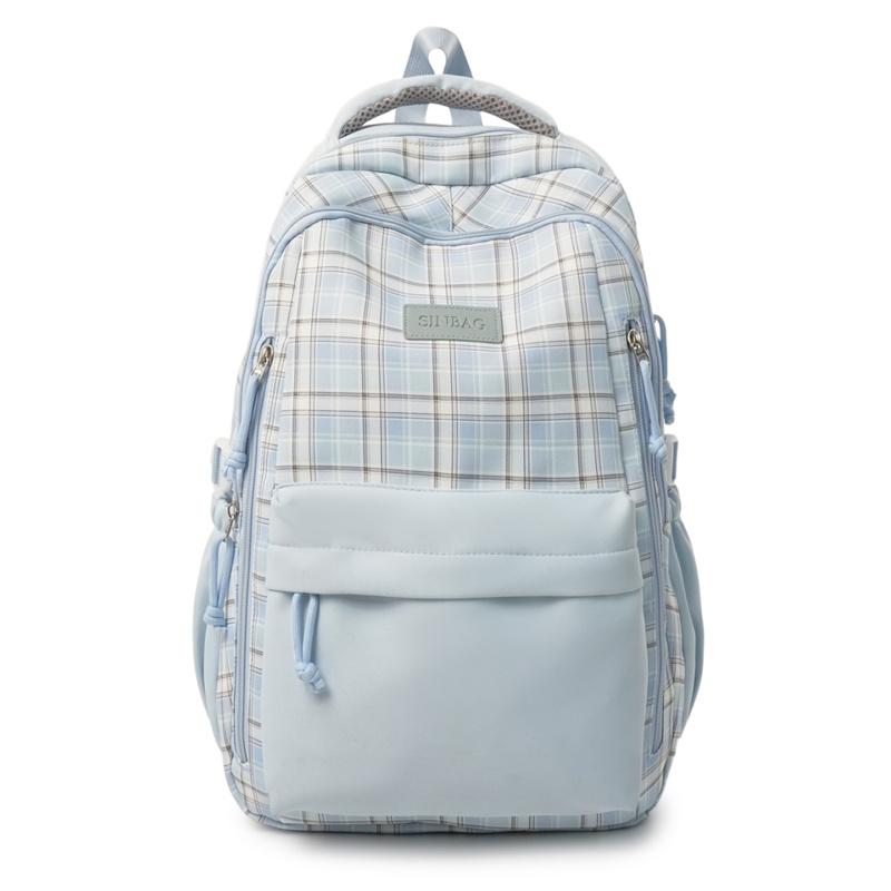 Nylon Plaid Backpack Women's Fashionable Casual School Bag Lightweight Travel Rucksack with Multiple Pockets